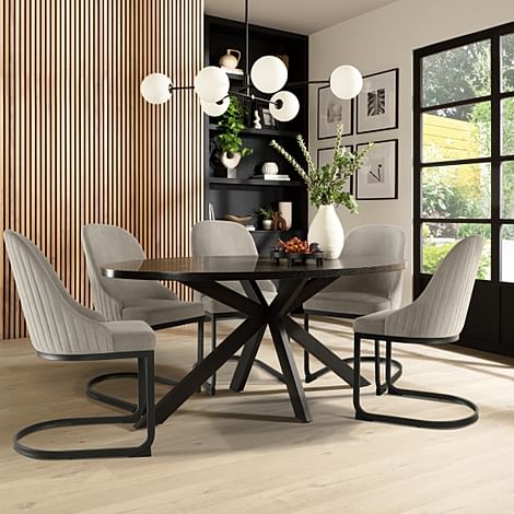 Madison Oval Dining Table & 6 Riva Chairs, Black Oak Effect & Black Steel, Grey Classic Velvet, 180cm