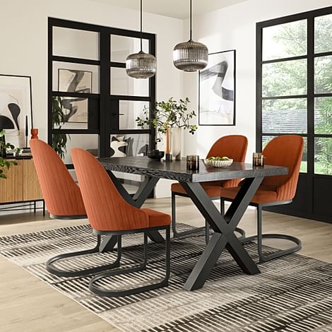 Franklin Dining Table & 4 Riva Chairs, Black Oak Effect & Black Steel, Burnt Orange Classic Velvet, 150cm