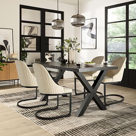 Franklin Dining Table & 4 Riva Chairs, Black Oak Effect & Black Steel, Ivory Classic Plush Fabric, 150cm