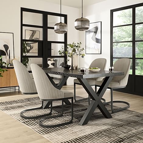 Franklin Dining Table & 4 Riva Chairs, Black Oak Effect & Black Steel, Grey Classic Velvet, 150cm