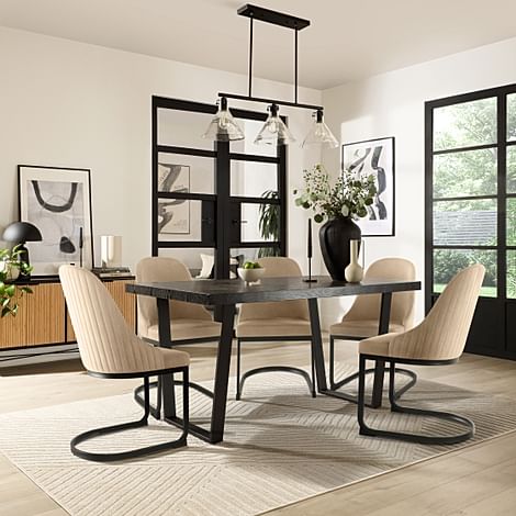 Addison Dining Table & 6 Riva Chairs, Black Oak Effect & Black Steel, Champagne Classic Velvet, 150cm