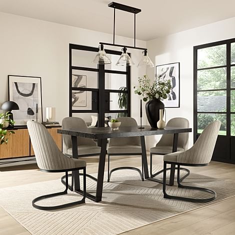 Addison Dining Table & 4 Riva Chairs, Black Oak Effect & Black Steel, Grey Classic Velvet, 150cm