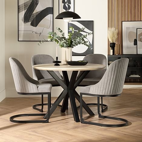 Newark Round Dining Table & 4 Riva Chairs, Light Oak Effect & Black Steel, Grey Classic Velvet, 110cm