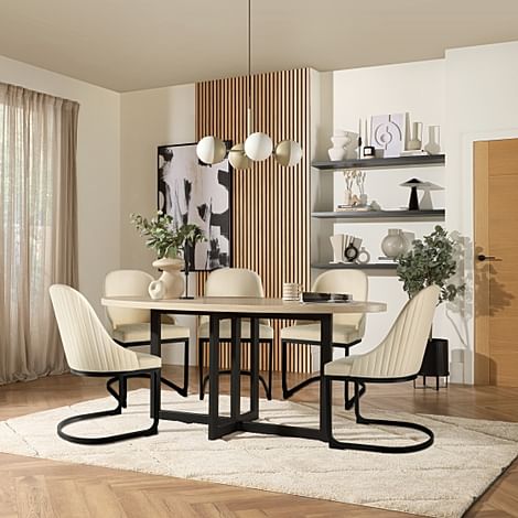 Newbury Oval Dining Table & 4 Riva Chairs, Light Oak Effect & Black Steel, Ivory Classic Plush Fabric, 180cm