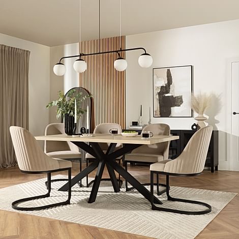 Madison Dining Table & 6 Riva Chairs, Light Oak Effect & Black Steel, Champagne Classic Velvet, 180cm