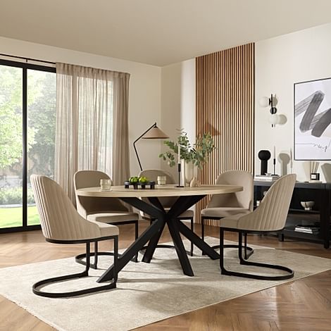 Madison Oval Dining Table & 6 Riva Chairs, Light Oak Effect & Black Steel, Champagne Classic Velvet, 180cm