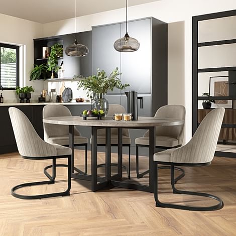 Newbury Oval Industrial Dining Table & 4 Riva Chairs, Grey Concrete Effect & Black Steel, Grey Classic Velvet, 180cm
