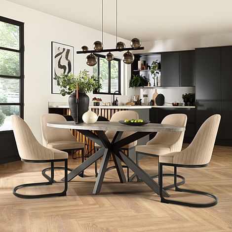 Madison Oval Industrial Dining Table & 4 Riva Chairs, Grey Concrete Effect & Black Steel, Champagne Classic Velvet, 180cm