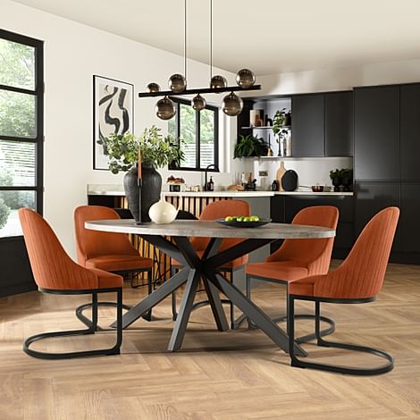 Madison Oval Industrial Dining Table & 4 Riva Chairs, Grey Concrete Effect & Black Steel, Burnt Orange Classic Velvet, 180cm