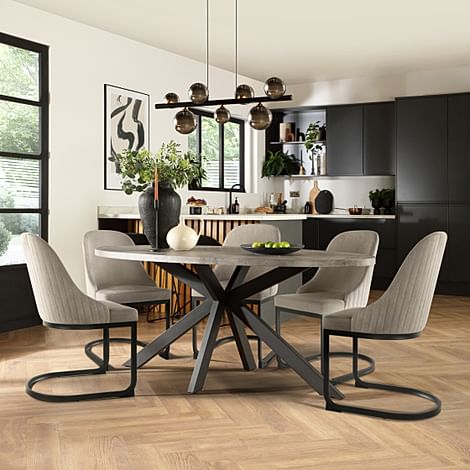 Madison Oval Industrial Dining Table & 4 Riva Chairs, Grey Concrete Effect & Black Steel, Grey Classic Velvet, 180cm