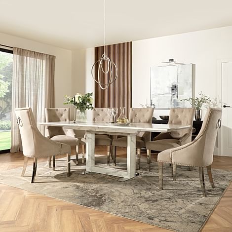 Tokyo Extending Dining Table & 8 Imperial Chairs, White Marble Effect, Champagne Classic Velvet & Chrome, 160-220cm