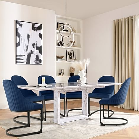Tokyo Extending Dining Table & 6 Riva Chairs, Grey Marble Effect, Blue Classic Velvet & Black Steel, 160-220cm