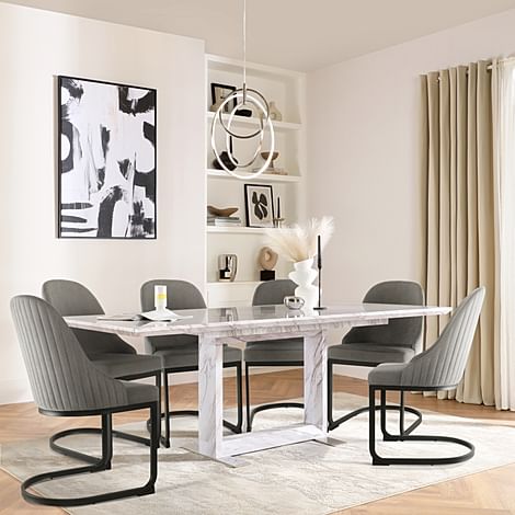 Tokyo Extending Dining Table & 4 Riva Chairs, Grey Marble Effect, Grey Classic Velvet & Black Steel, 160-220cm