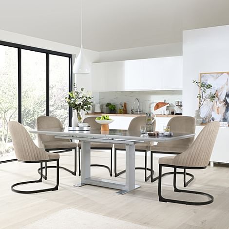 Tokyo Extending Dining Table & 6 Riva Chairs, Grey High Gloss, Champagne Classic Velvet & Black Steel, 160-220cm