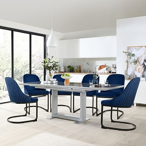 Tokyo Extending Dining Table & 4 Riva Chairs, Grey High Gloss, Blue Classic Velvet & Black Steel, 160-220cm
