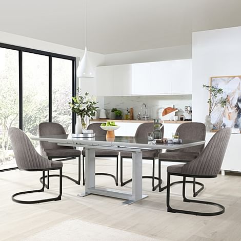 Tokyo Extending Dining Table & 4 Riva Chairs, Grey High Gloss, Grey Classic Velvet & Black Steel, 160-220cm