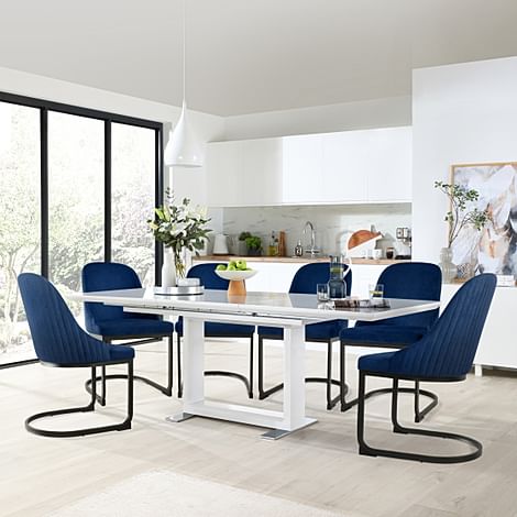 Tokyo Extending Dining Table & 4 Riva Chairs, White High Gloss, Blue Classic Velvet & Black Steel, 160-220cm