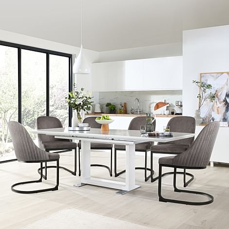 Tokyo Extending Dining Table & 4 Riva Chairs, White High Gloss, Grey Classic Velvet & Black Steel, 160-220cm