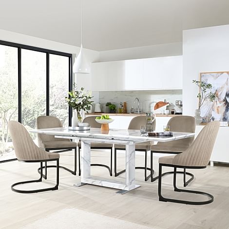 Tokyo Extending Dining Table & 4 Riva Chairs, White Marble Effect, Champagne Classic Velvet & Black Steel, 160-220cm