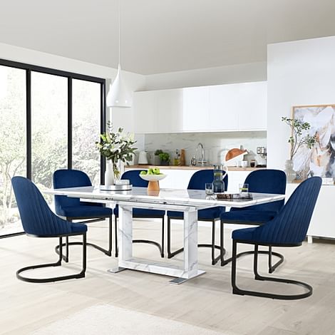 Tokyo Extending Dining Table & 4 Riva Chairs, White Marble Effect, Blue Classic Velvet & Black Steel, 160-220cm