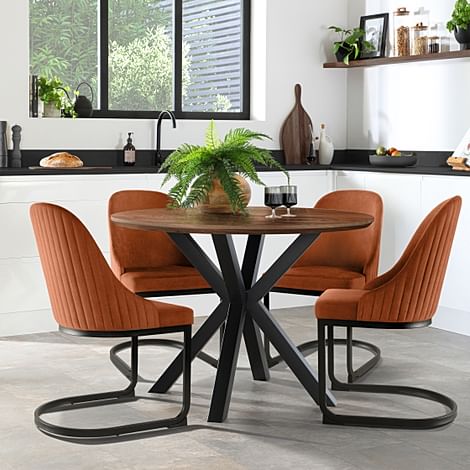 Newark Round Industrial Dining Table & 6 Riva Chairs, Walnut Effect & Black Steel, Burnt Orange Classic Velvet, 110cm