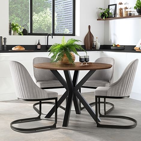 Newark Round Industrial Dining Table & 4 Riva Chairs, Walnut Effect & Black Steel, Grey Classic Velvet, 110cm