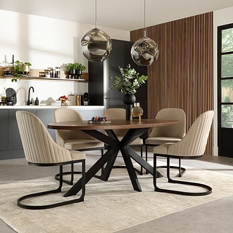 Madison Oval Industrial Dining Table & 4 Riva Chairs, Walnut Effect & Black Steel, Champagne Classic Velvet, 180cm