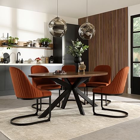Madison Oval Industrial Dining Table & 4 Riva Chairs, Walnut Effect & Black Steel, Burnt Orange Classic Velvet, 180cm
