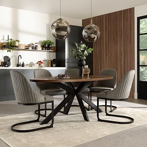 Madison Oval Industrial Dining Table & 4 Riva Chairs, Walnut Effect & Black Steel, Grey Classic Velvet, 180cm