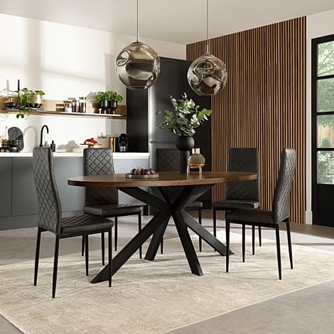 Madison Oval Industrial Dining Table & 6 Renzo Chairs, Walnut Effect & Black Steel, Vintage Grey Classic Faux Leather, 180cm