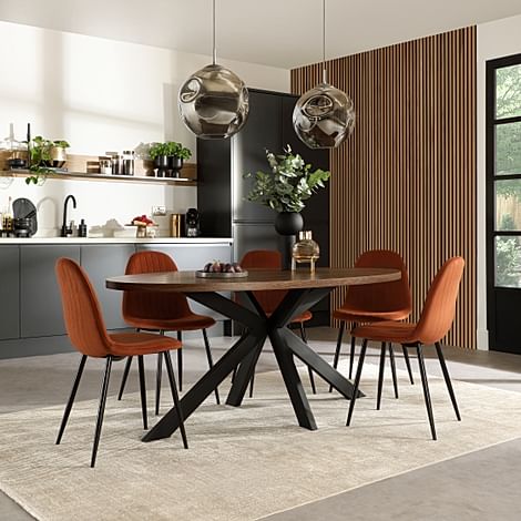 Madison Oval Industrial Dining Table & 4 Brooklyn Chairs, Walnut Effect & Black Steel, Burnt Orange Classic Velvet, 180cm