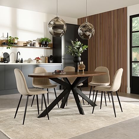 Madison Oval Industrial Dining Table & 6 Brooklyn Chairs, Walnut Effect & Black Steel, Champagne Classic Velvet, 180cm