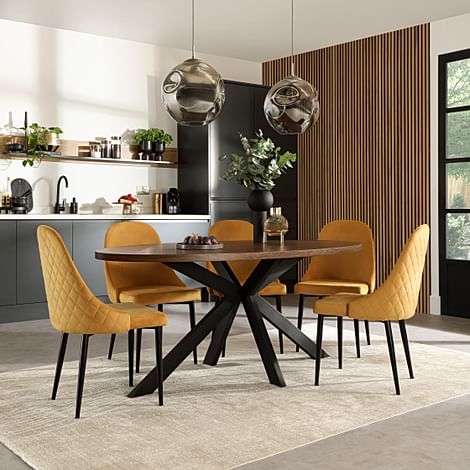 Madison Oval Industrial Dining Table & 4 Ricco Chairs, Walnut Effect & Black Steel, Mustard Classic Velvet, 180cm