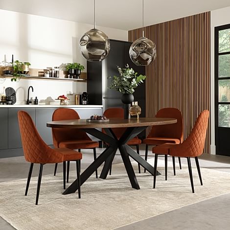 Madison Oval Industrial Dining Table & 4 Ricco Chairs, Walnut Effect & Black Steel, Burnt Orange Classic Velvet, 180cm