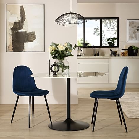 Orbit Round Dining Table & 2 Brooklyn Dining Chairs, White Marble Effect & Black Steel, Blue Classic Velvet, 110cm