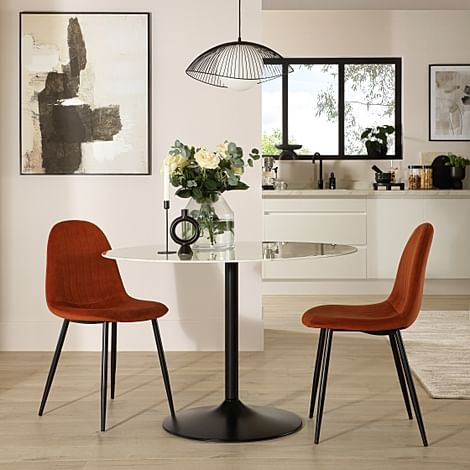 Orbit Round Dining Table & 2 Brooklyn Dining Chairs, White Marble Effect & Black Steel, Burnt Orange Classic Velvet, 110cm