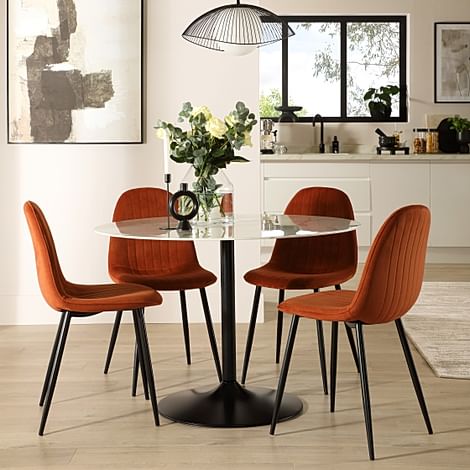 Orbit Round Dining Table & 4 Brooklyn Dining Chairs, White Marble Effect & Black Steel, Burnt Orange Classic Velvet, 110cm