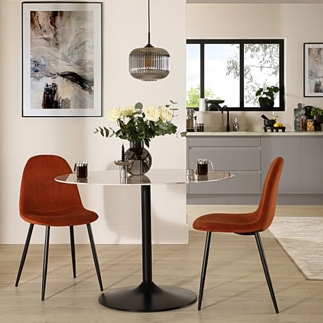 Orbit Round Dining Table & 2 Brooklyn Dining Chairs, Grey Marble Effect & Black Steel, Burnt Orange Classic Velvet, 110cm