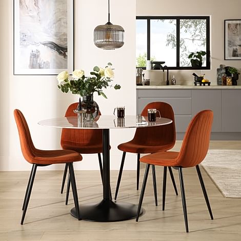 Orbit Round Dining Table & 4 Brooklyn Dining Chairs, Grey Marble Effect & Black Steel, Burnt Orange Classic Velvet, 110cm