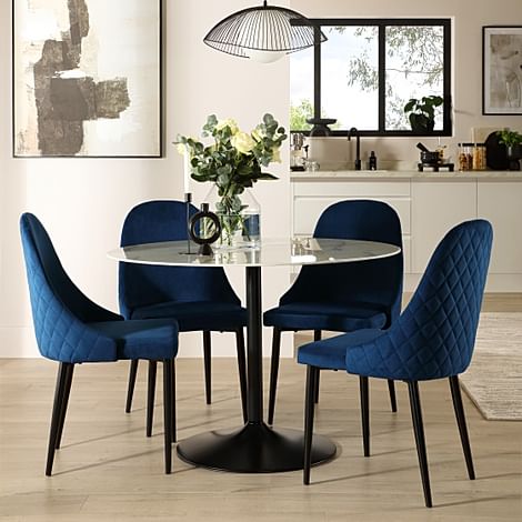 Orbit Round Dining Table & 4 Ricco Dining Chairs, White Marble Effect & Black Steel, Blue Classic Velvet, 110cm