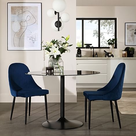 Orbit Round Dining Table & 2 Ricco Dining Chairs, Black Marble Effect & Black Steel, Blue Classic Velvet, 110cm