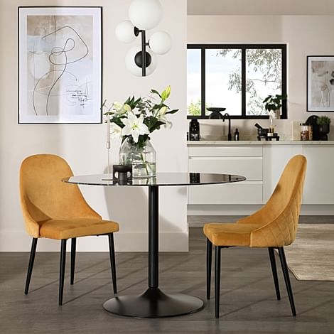 Orbit Round Dining Table & 2 Ricco Dining Chairs, Black Marble Effect & Black Steel, Mustard Classic Velvet, 110cm