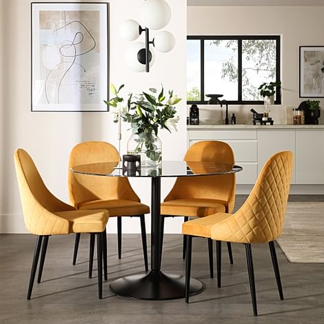 Orbit Round Dining Table & 4 Ricco Dining Chairs, Black Marble Effect & Black Steel, Mustard Classic Velvet, 110cm