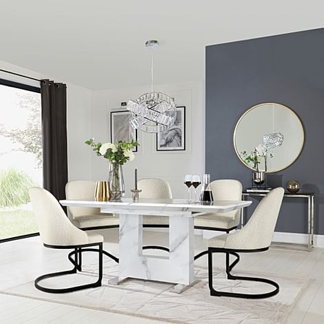 Florence Extending Dining Table & 4 Riva Chairs, White Marble Effect, Ivory Boucle Fabric & Black Steel, 120-160cm