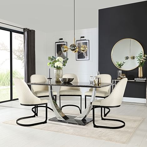 Peake Dining Table & 6 Riva Chairs, Black Marble Effect & Chrome, Ivory Boucle Fabric & Black Steel, 160cm