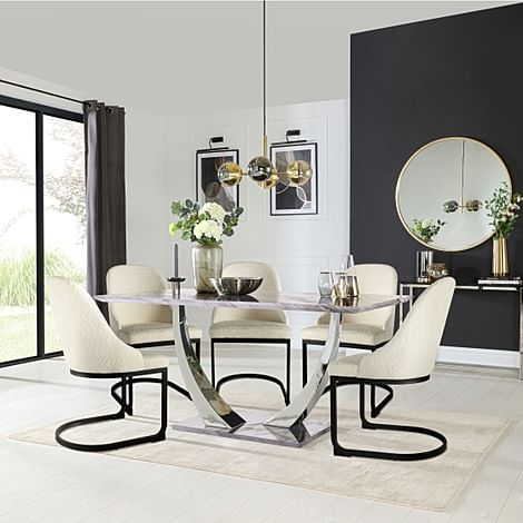Peake Dining Table & 4 Riva Chairs, Grey Marble Effect & Chrome, Ivory Boucle Fabric & Black Steel, 160cm