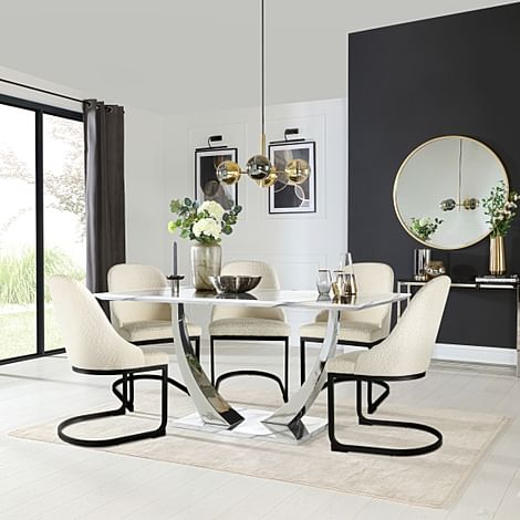 Peake Dining Table & 4 Riva Chairs, White Marble Effect & Chrome, Ivory Boucle Fabric & Black Steel, 160cm
