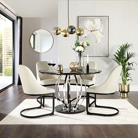 Savoy Round Dining Table & 4 Riva Chairs, Black Marble Effect & Chrome, Ivory Boucle Fabric & Black Steel, 120cm
