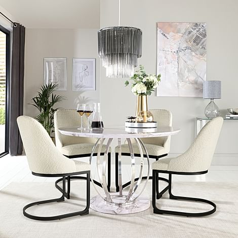 Savoy Round Dining Table & 4 Riva Chairs, Grey Marble Effect & Chrome, Ivory Boucle Fabric & Black Steel, 120cm