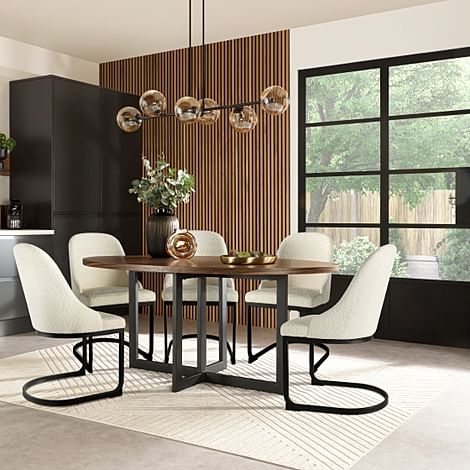 Newbury Oval Industrial Dining Table & 6 Riva Chairs, Walnut Effect & Black Steel, Ivory Classic Boucle Fabric, 180cm